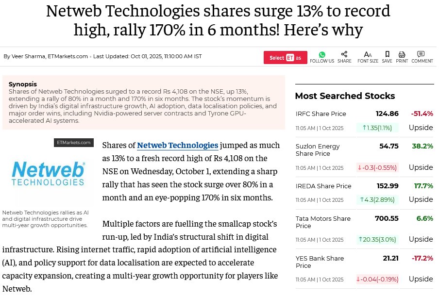RakJhun's tweet image. Datacenter theme: Netweb is up 165% in 6M &amp;amp; 80% in a month because it won a ₹1734 Cr order from IndiaAI mission &amp;amp; a ₹450 Cr order for AI GPUs. Profit is up 2x, operating income is up 102% YoY &amp;amp; Ebitda is up 127%. M-Cap is ₹23200 Cr. Promoters hold 71%. Goldman Sachs holds 1.4%