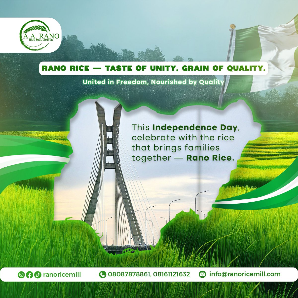 ranoricemill's tweet image. This Independence Day, we celebrate freedom, unity, and the taste that brings families together.
With every grain, Rano Rice nourishes the nation.

Happy Independence Day from all of us at Rano Rice!

#RanoRice #TasteOfUnity #NigeriaAt65 #IndependenceDay #GrainOfQuality