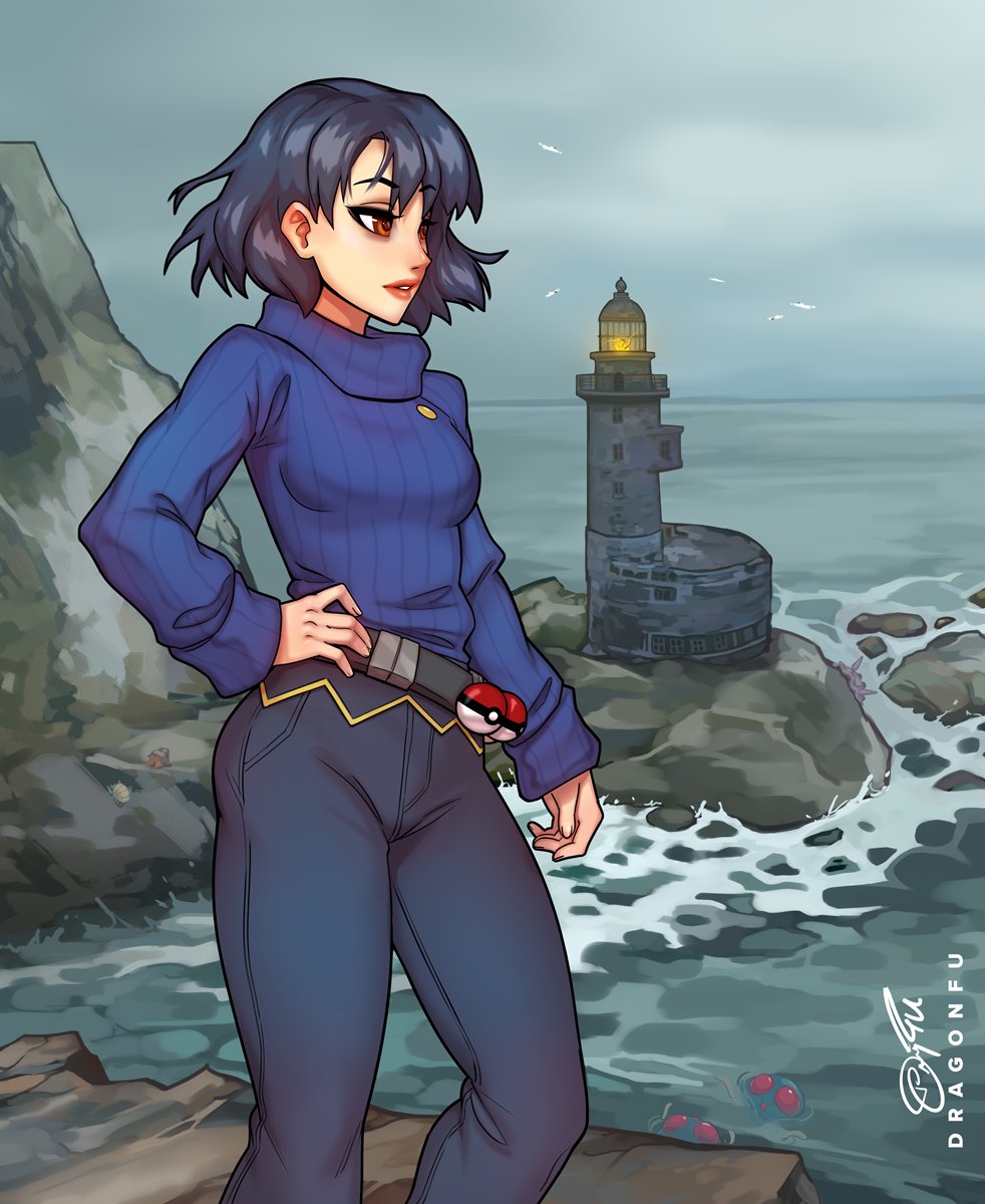 The Lighthouse  |  Yet another Kate comm for @silverfox442 ^_^ I think there's like 6 types of pokemon in the picture if you can identify them. #pokemonfanart #pokemontrainerOC