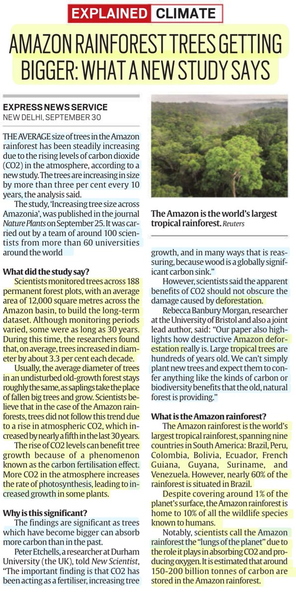 Amazon rainforest trees getting bigger: What a new study says

#CO2 📈- Carbon Fertilisation Effect- Rate of #Photosynthesis 📈- increased growth of #trees 

: Details

#Amazon #Rainforests #LungsOfThePlanet
#Tropical #FOREST #Deforestation 

#UPSC 

Source: IE
