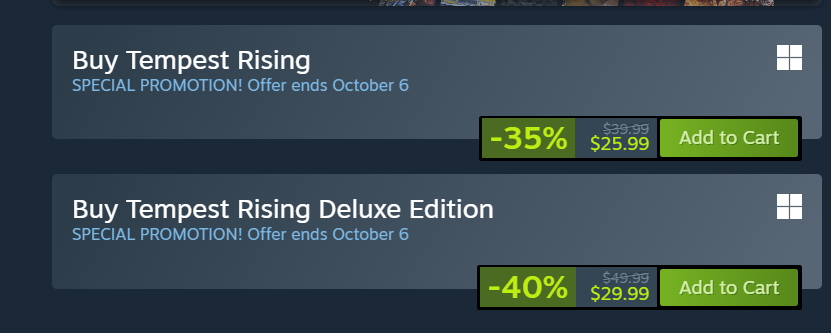 So, <a href="/TempestRTS/">Tempest Rising</a> is on sale through October 6th for a pretty nice discount. If you were waiting for an excuse to buy it, this might be that time! store.steampowered.com/app/1486920/Te…