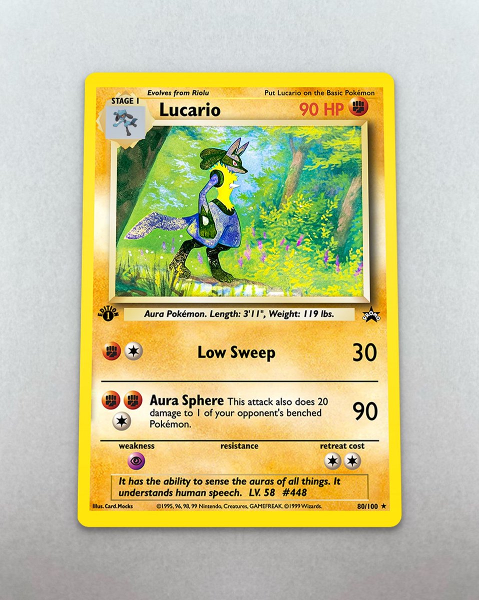 cardmocks's tweet photo. Vintage Lucario from an Alternate Timeline. Does it look like a real card? ✨
From my year-long experiment using Midjourney and Photoshop, trying to recapture the iconic vintage aesthetic of Ken Sugimori and Mitsuhiro Arita.
#custompokemoncards https://t.co/4wotioOPFk