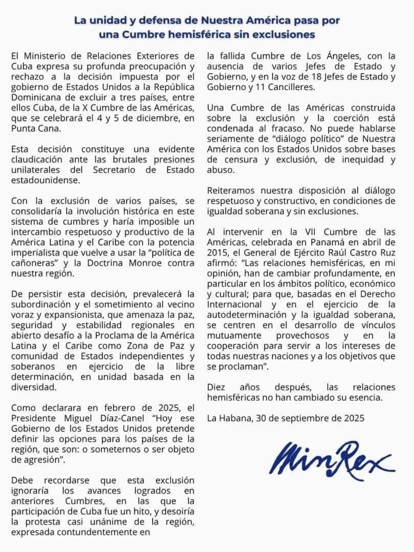 🇨🇺 Rechazamos de manera firme la decisión impuesta por Estados Unidos al gobierno de República Dominicana de excluir a #Cuba, #Nicaragua y #Venezuela de la X Cumbre de las Américas. #PinardelRío