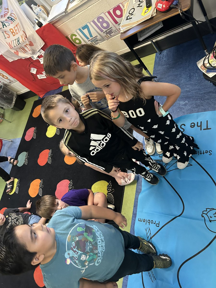 Using our huge story elements “rug” today to discuss and review Thumbelina. #TMGenius #kcsdropedintoreading #bramlagebrainiacs