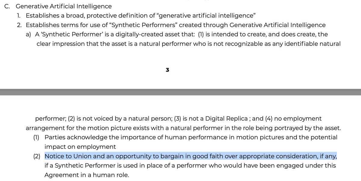 If any actors are curious about what is in the 2023 agreement you ratified, the SAG permission to use AI objects like the "Tilly" thing below is on page 3. (Link to entire agreement below.)
I have highlighted that all the signatory studio needs to do it "notify SAG" that they're