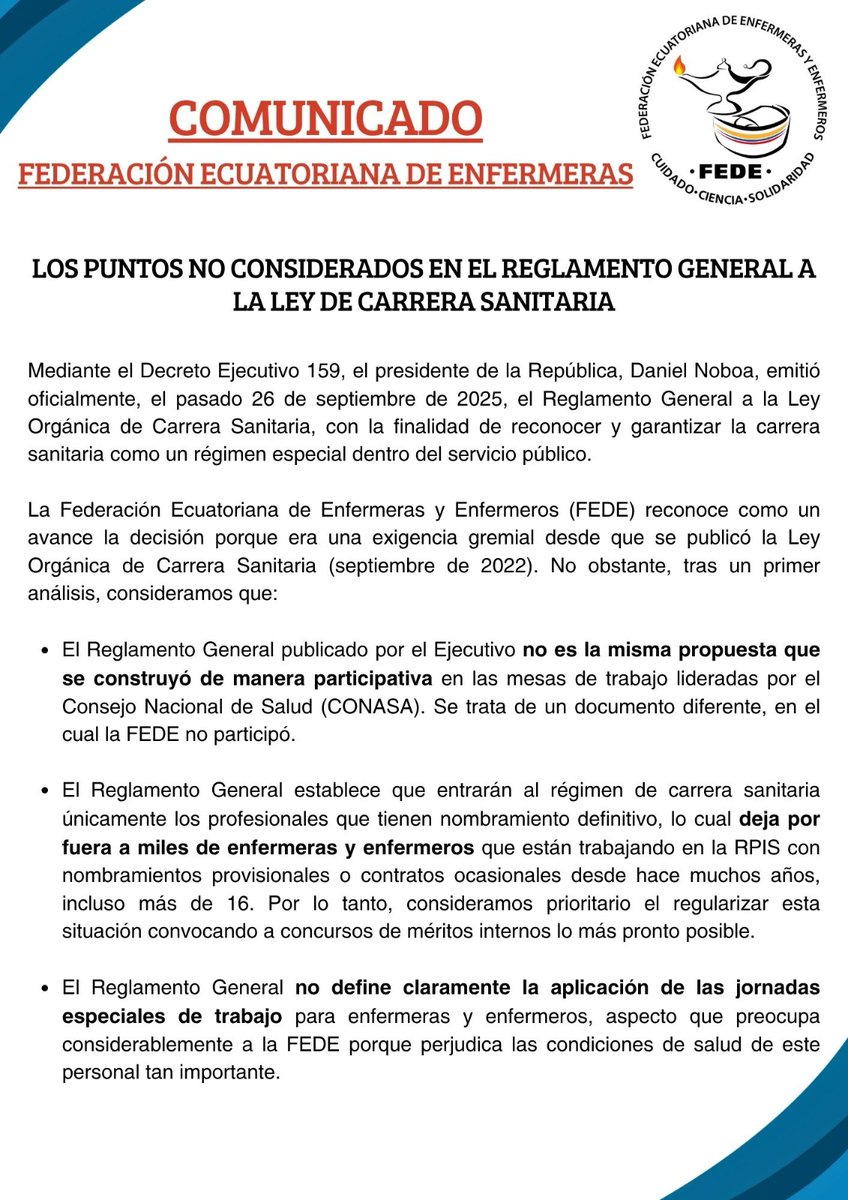 JonathanVele's tweet photo. #ATENCION La Federación Ecuatoriana de Enfermeras y Enfermeros pide una reunión a las autoridades de salud, tras la publicación del Reglamento General de la Ley Orgánica de Carrera Sanitaria.
El comunicado oficial 👉🏽 https://t.co/1gl6q7GcT0
@fabriciovelav @andreselmonol https://t.co/uXIyqiDLel