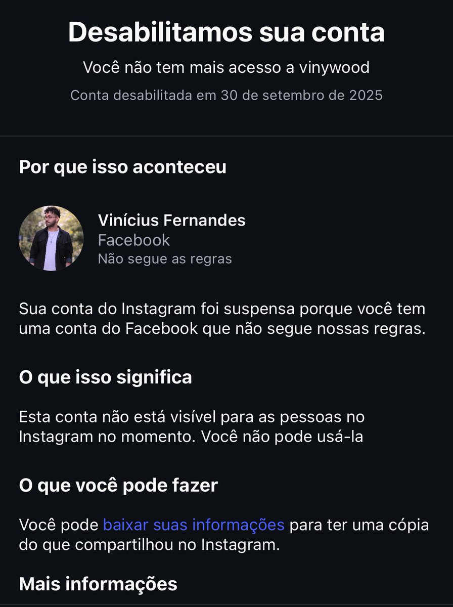 Mais de dez anos trabalhando para conquistar seguidores e leitores no Instagram e do nada a <a href="/Meta/">Meta</a> resolve suspender minha conta sem dar um motivo concreto.
Já entrei com recurso e foi recusado. Nunca violei regra nenhuma.
Estou muito desanimado, pq estou +