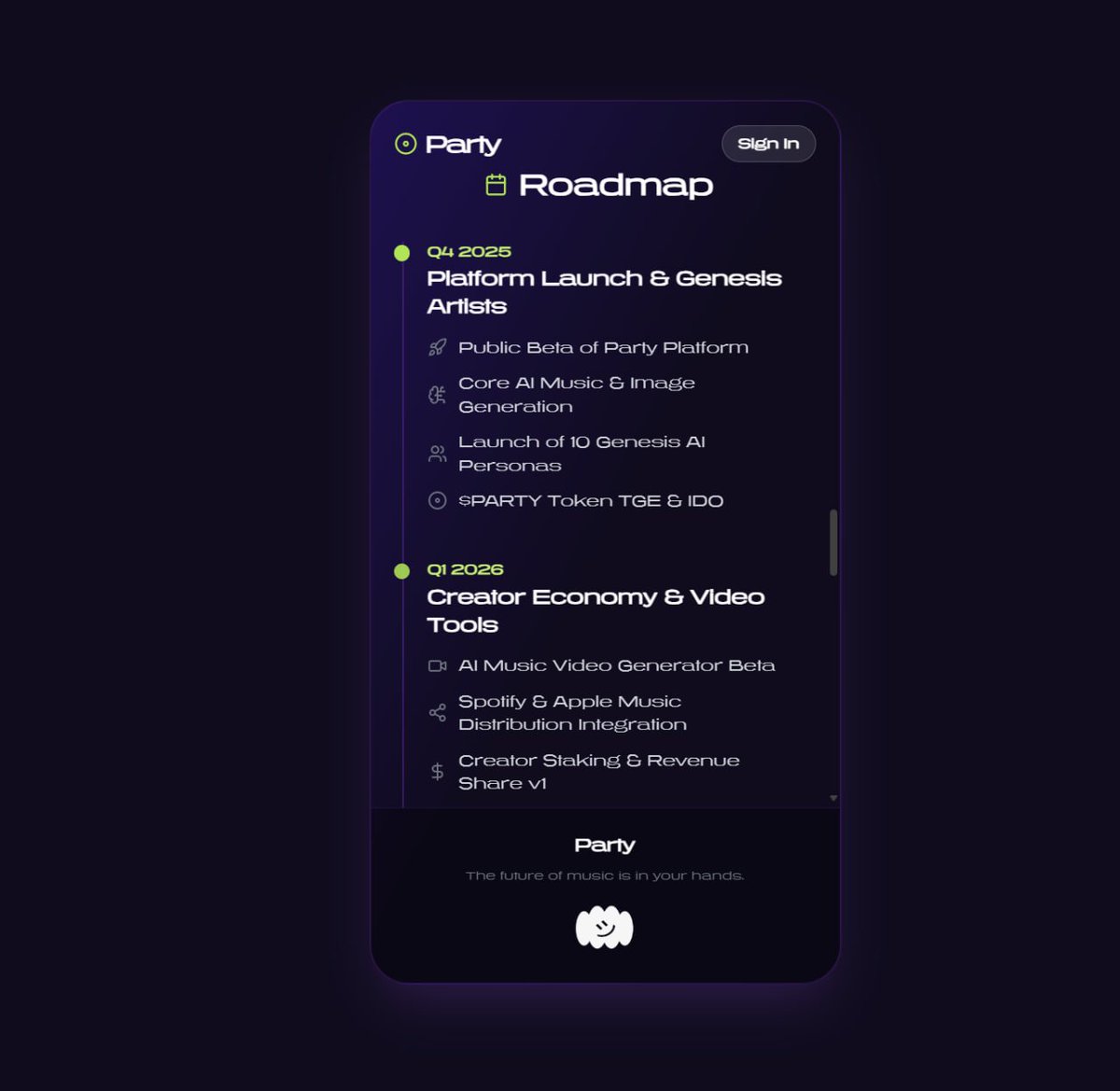 PARTY is being built with guidance and vision. Both of those fit into our Roadmap for $PARTY.

Part of this is our methodical approach to development. Building is not just a delivering updates - it's a process that goes hand-in-hand with Marketing, Community Engagement and much
