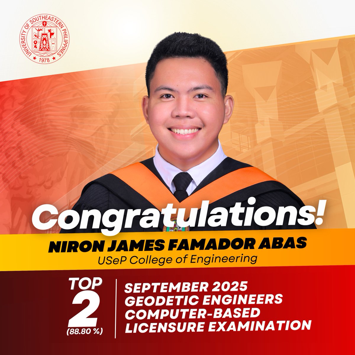 USeP0fficial's tweet photo. [CONGRATULATIONS] USeP celebrates the success of all passers in the Sept 2025 Geodetic Engineers Licensure Exam, especially our Agila, Niron James Famador Abas, who soared to Top 2 (88.80%)! 🦅 We are proud of you! https://t.co/mWUBUwaFSM