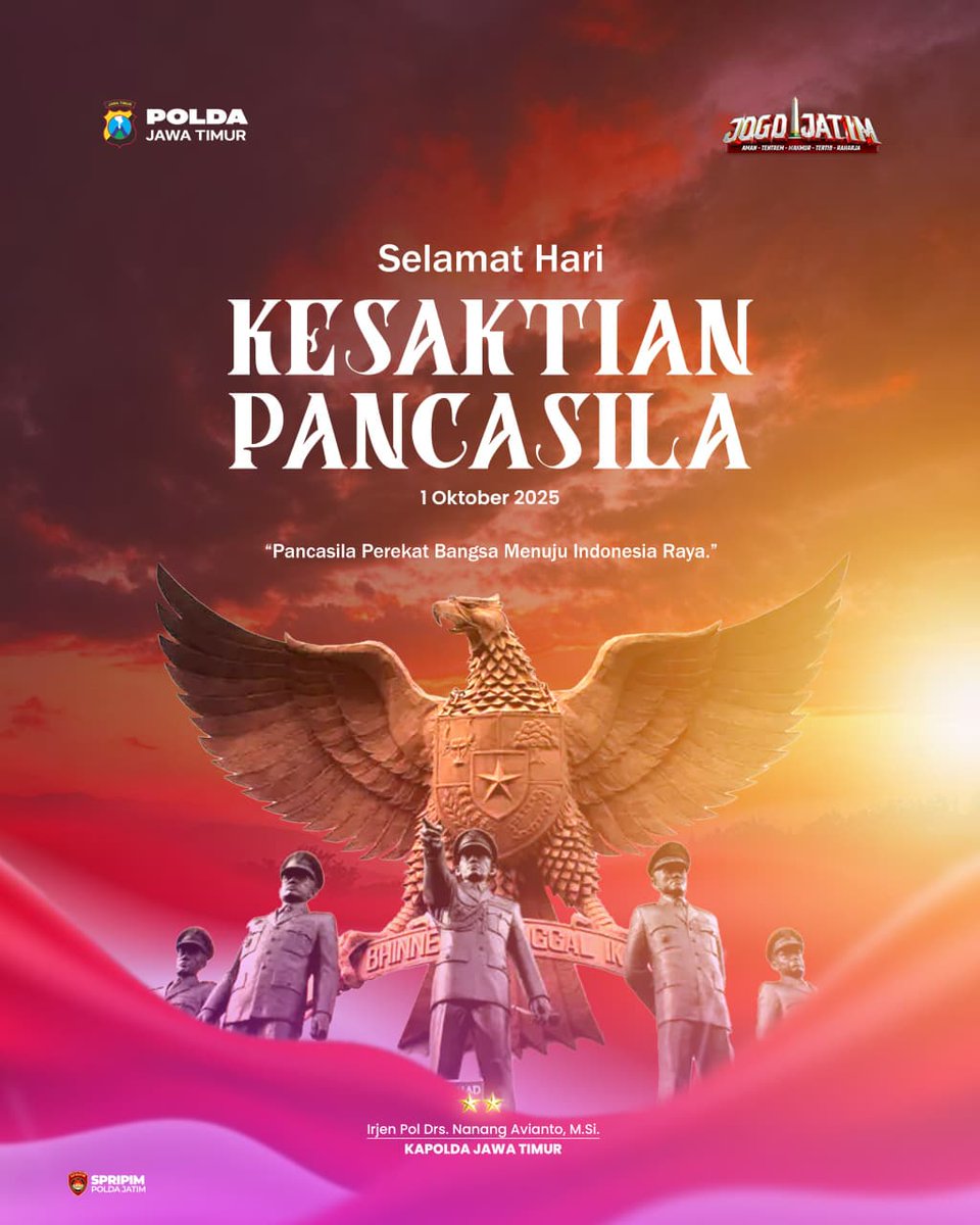 DawarHumas's tweet photo. Kapolda Jawa Timur mengucapkan :

*SELAMAT HARI KESAKTIAN PANCASILA*
"Pancasila Perekat Bangsa Menuju Indonesia Raya "
-01 Oktober 2025- https://t.co/i3tLud7jqQ