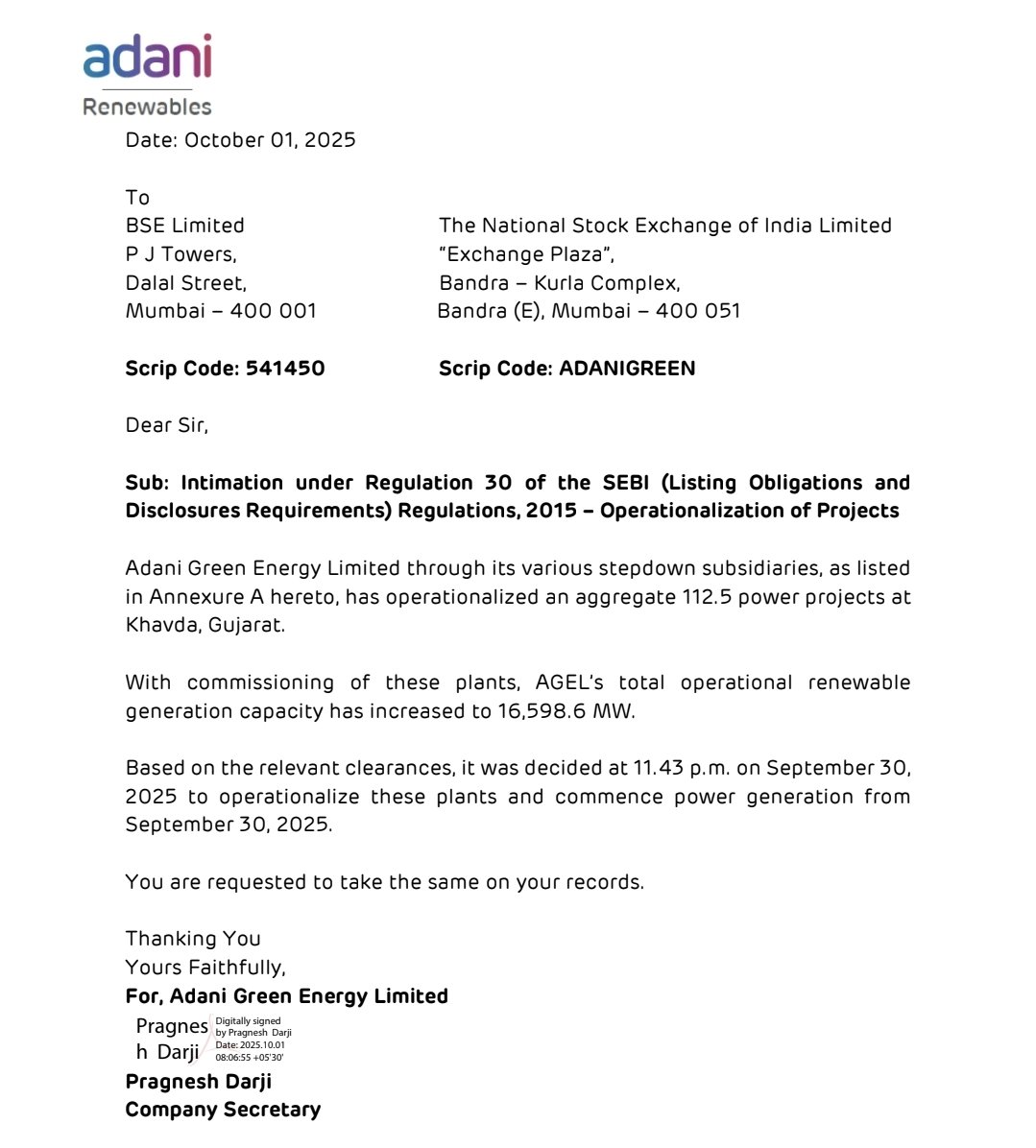 AkhileswarX's tweet photo. Adani Green Energy (ADANIGREEN) operationalizes an aggregate 112.5 MW power projects in Khvada, Gujarat. Total operational renewable capacity increases to 16,598.6 MW. (SEBI Reg 30 update).
#AdaniGreen #RenewableEnergy #AGEL #Khvada #StockMarketIndia https://t.co/qgNVYdabJA