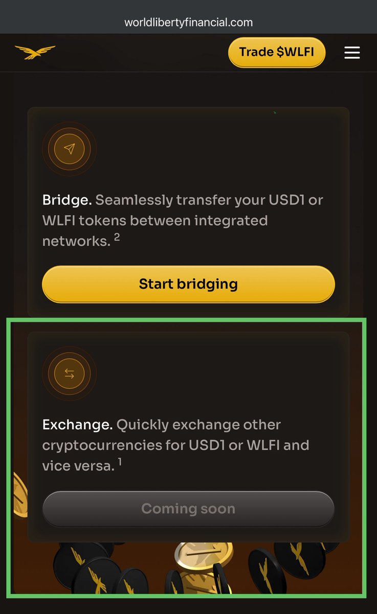 $WLFI just updated their website with a new Exchange section.

Most likely, <a href="/worldlibertyfi/">WLFI</a> will add an API (i.e., Uniswap) to allow swapping $WLFI and $USD1 with other cryptos and vice versa.