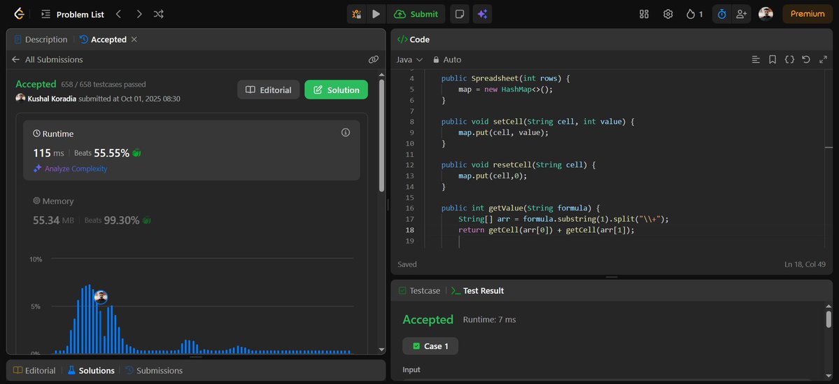Kushal_Koradia's tweet image. ✅ Day 108 of #150DaysOfDSA
📍 LC 631: Design Excel Sum Formula
Implemented a mini spreadsheet with cell updates, reset & formula evaluation. Used HashMap for storage & parsing formulas.
⏱ O(n) | O(1)
#Design #HashMap #150DaysOfDSA
✨ Took help from a YouTube video 2 understand