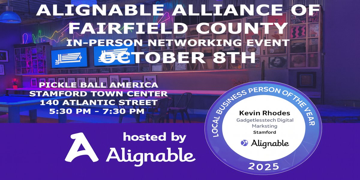 Gadgetlesstech's tweet image. Fairfield County — Let’s Network!
Join us Oct 8 | 5:30–7:30 PM at Pickle Ball America, Stamford Town Center.
Meet local biz owners
Share referrals &amp;amp; ideas
Hosted by Alignable’s Local Business Person of the Year, Kevin Rhodes
Don’t miss it! #StamfordCT #Networking #Alignable