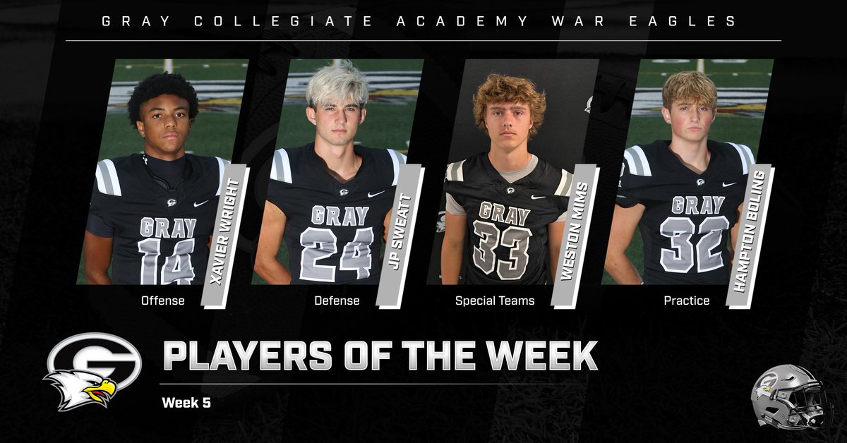 Congratulations to our Week 5 Players of the Week

Offense- <a href="/XavierQB1Wright/">Xavier Wright</a> 
Defense- <a href="/jpsweatt1/">JP Sweatt</a> 
Special Teams- <a href="/Weston_mims08/">weston mims</a> 
Practice- Hampton Boling 

#SOAR #TalonsDown