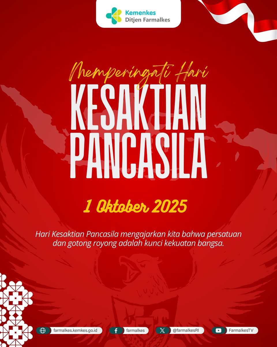 Hai #Sobat Sehat,
Ditjen Farmalkes mengucapkan, Selamat Hari Kesaktian Pancasila 1 Oktober 2025.

Pancasila bukan sekadar teks, tapi napas yang menghidupi bangsa. Bukan hanya sejarah, tapi arah yang menuntun masa depan.

Salam Sehat,
#KemenkesRI #Farmalkes #HariKesaktianPancasila
