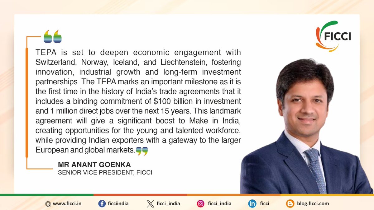 FICCI (@ficci_india) on Twitter photo TEPA marks an important milestone as it is the first time in the history of India’s trade agreements that it includes a binding commitment of $100 billion in investment and 1 million direct jobs over the next 15 years: Anant Goenka, Senior Vice President, FICCI
<a href="/narendramodi/">Narendra Modi</a> TEPA marks an important milestone as it is the first time in the history of India’s trade agreements that it includes a binding commitment of $100 billion in investment and 1 million direct jobs over the next 15 years: Anant Goenka, Senior Vice President, FICCI
<a href="/narendramodi/">Narendra Modi</a>