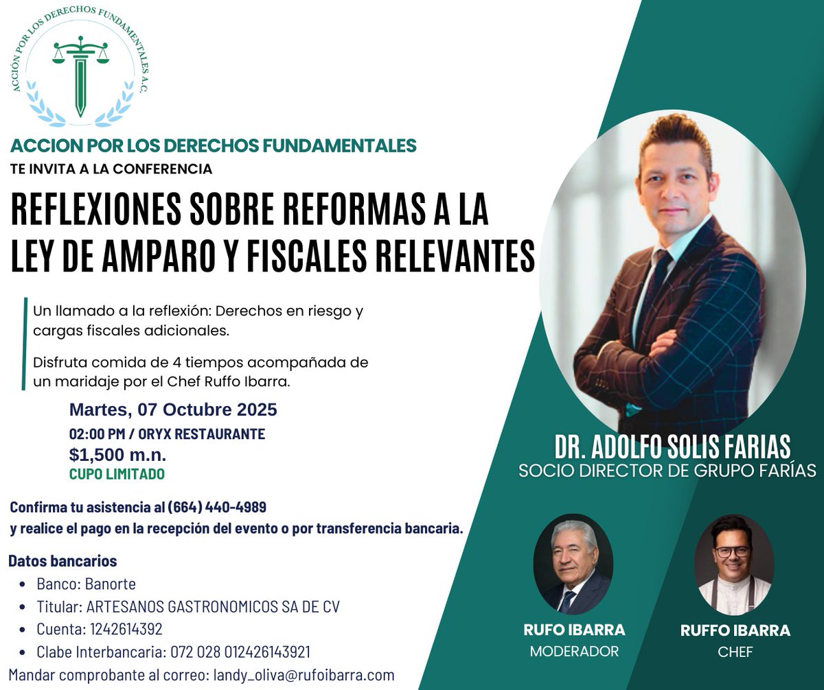Reflexiones Sobre Reformas a la Ley de Amparo y Fiscales Relevantes.
📍 Lugar: Oryx Restaurante ORYX
📅 Fecha: Martes, 7 de Octubre 2025, 2:00PM
Confirma asistencia al (664) 440-4989