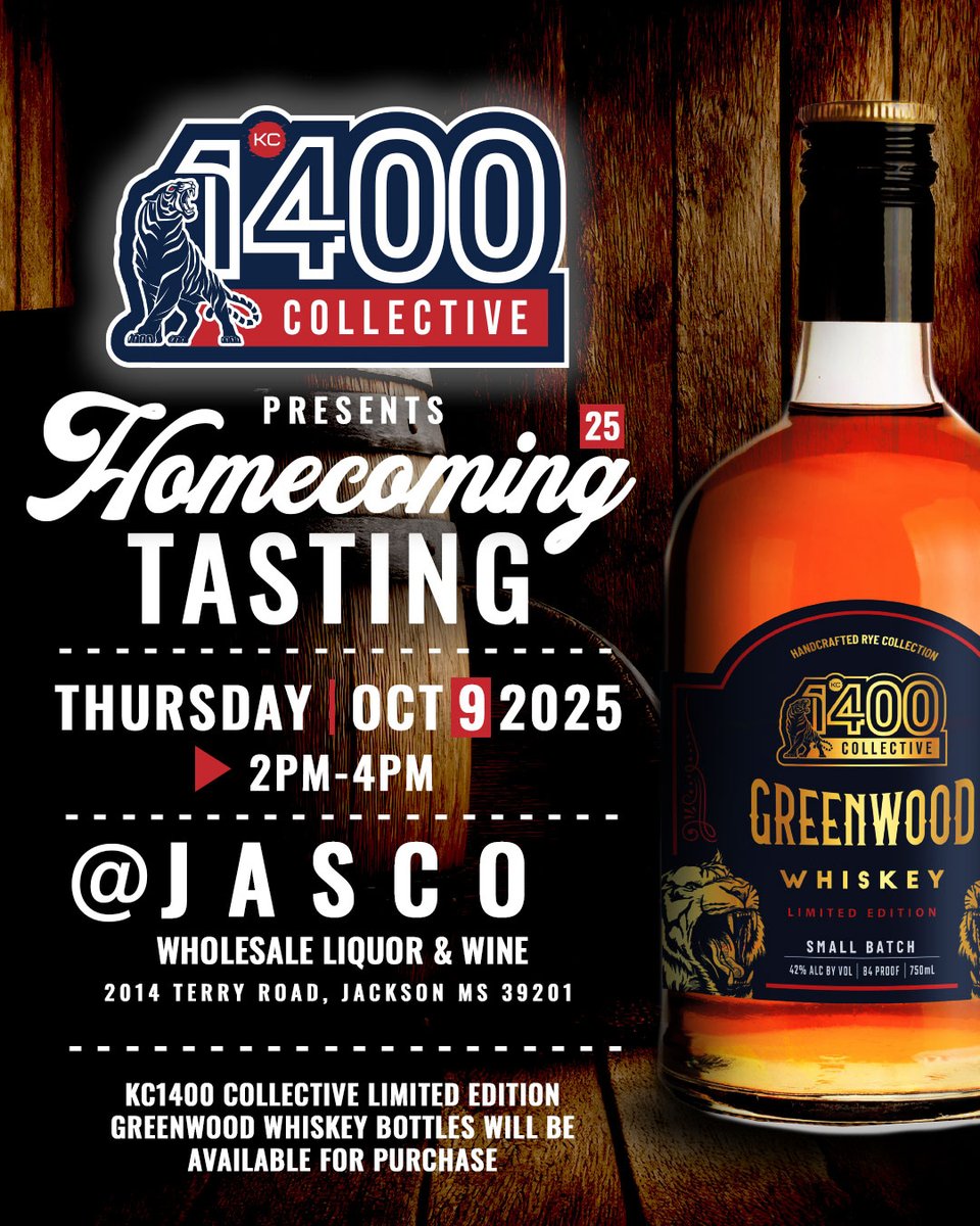 kc1400collectiv's tweet photo. Homecoming 2025 is upon us! We are excited to host a Greenwood Whiskey Tasting at our 1st Partner Store in the city of Jackson! Join us Thursday, 10-9-2025 from 2pm-4pm, at Jasco Wholesale Liquor & Wine! These bottles will sell out fast! Meet us there! π
https://t.co/OponZQl0Qm https://t.co/hdota4Ui1K