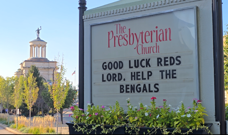 WLWT's tweet photo. "Good Luck Reds. Lord, Help the Bengals."

This message of support for Cincinnati sports teams at the Presbyterian Church of Hamilton is going viral! https://t.co/yQvVIsaLMJ