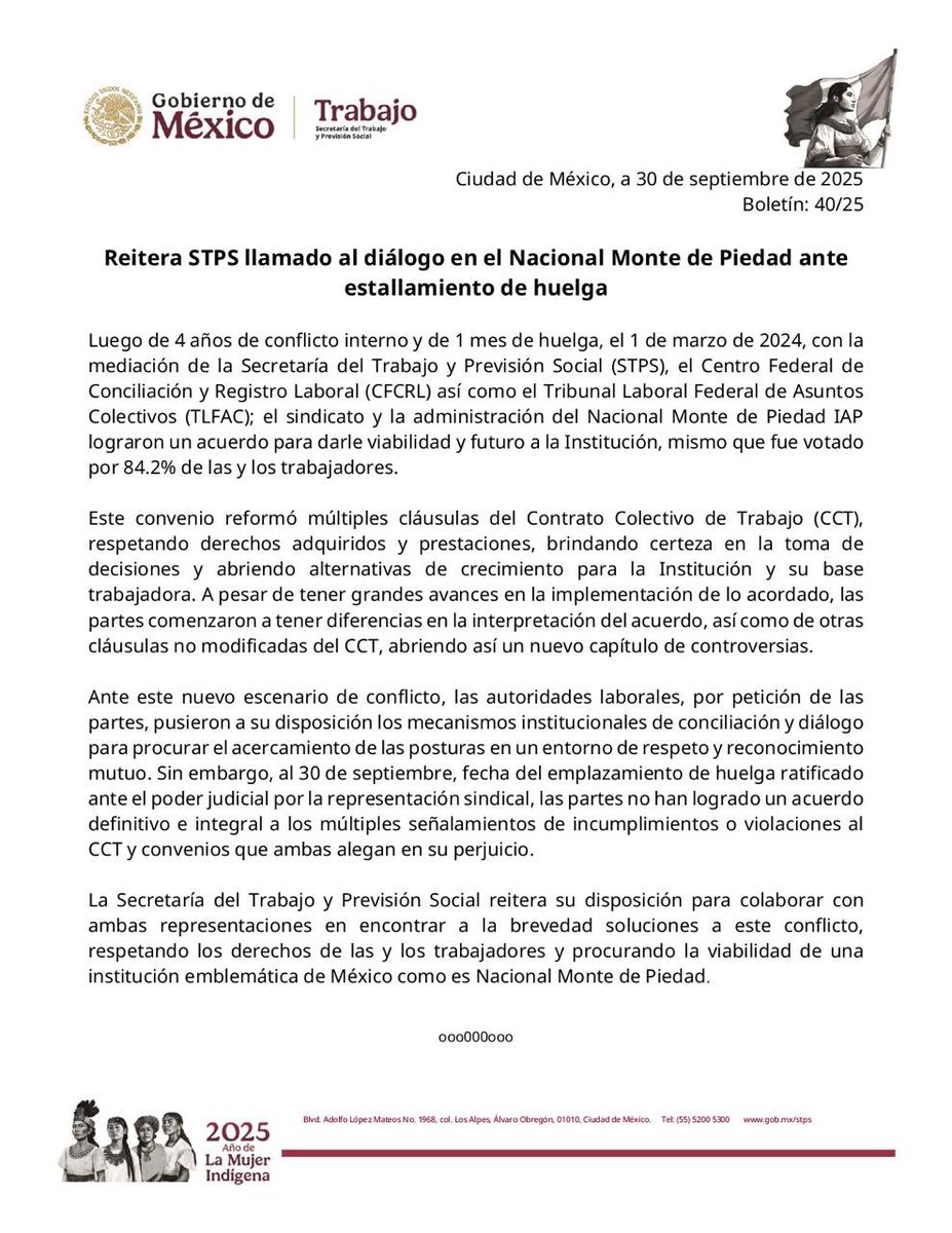 STPS_mx's tweet photo. Reitera STPS llamado al diálogo en el Nacional Monte de Piedad ante estallamiento de huelga. https://t.co/kEwVF8WA76
