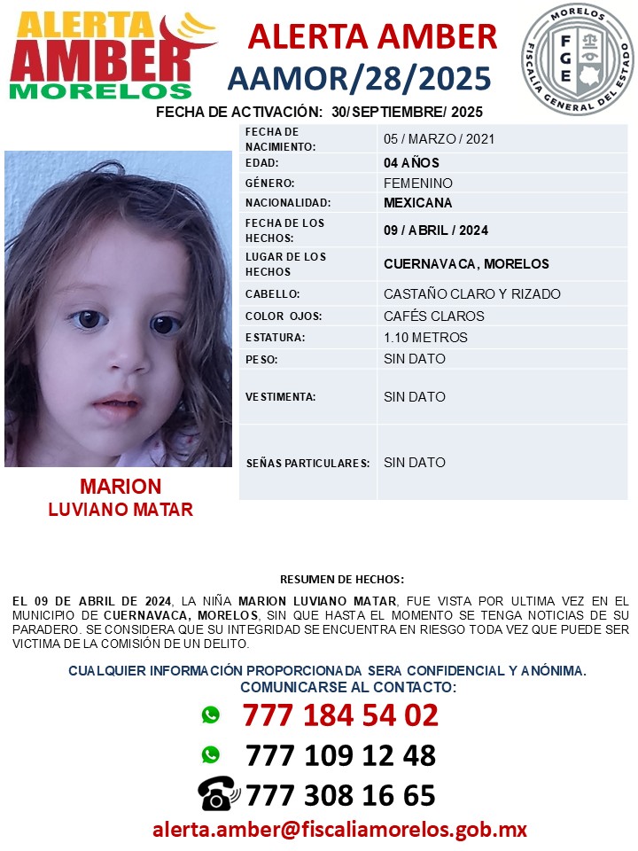 RedMorelos_N's tweet photo. Se activa Alerta Amber Morelos para la búsqueda y localización de Marion Luviano Matar de 4 años de edad. https://t.co/pW7wyhqoKF