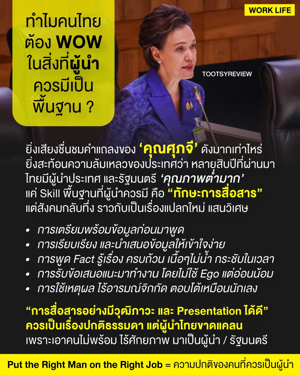 ทำไมคนไทย ต้อง WOW ในสิ่งที่ผู้นำ ควรมีเป็นพื้นฐาน ?

(บทความนี้ไม่ได้ดูถูกความสามารถคุณ #ศุภจี ต้องการให้คนมีความรู้หนังสือ ที่ควรจะเข้าใจเรื่องง่ายๆได้ โดยไม่ตีความแบบไร้สติปัญญา)

1) ตอนผมอ่านข่าว และเห็นกระแสคุณศุภจี จาก #ประชุมสภา ที่คนไทย WOW กับนายกระทรวงพาณิชย์คนใหม่