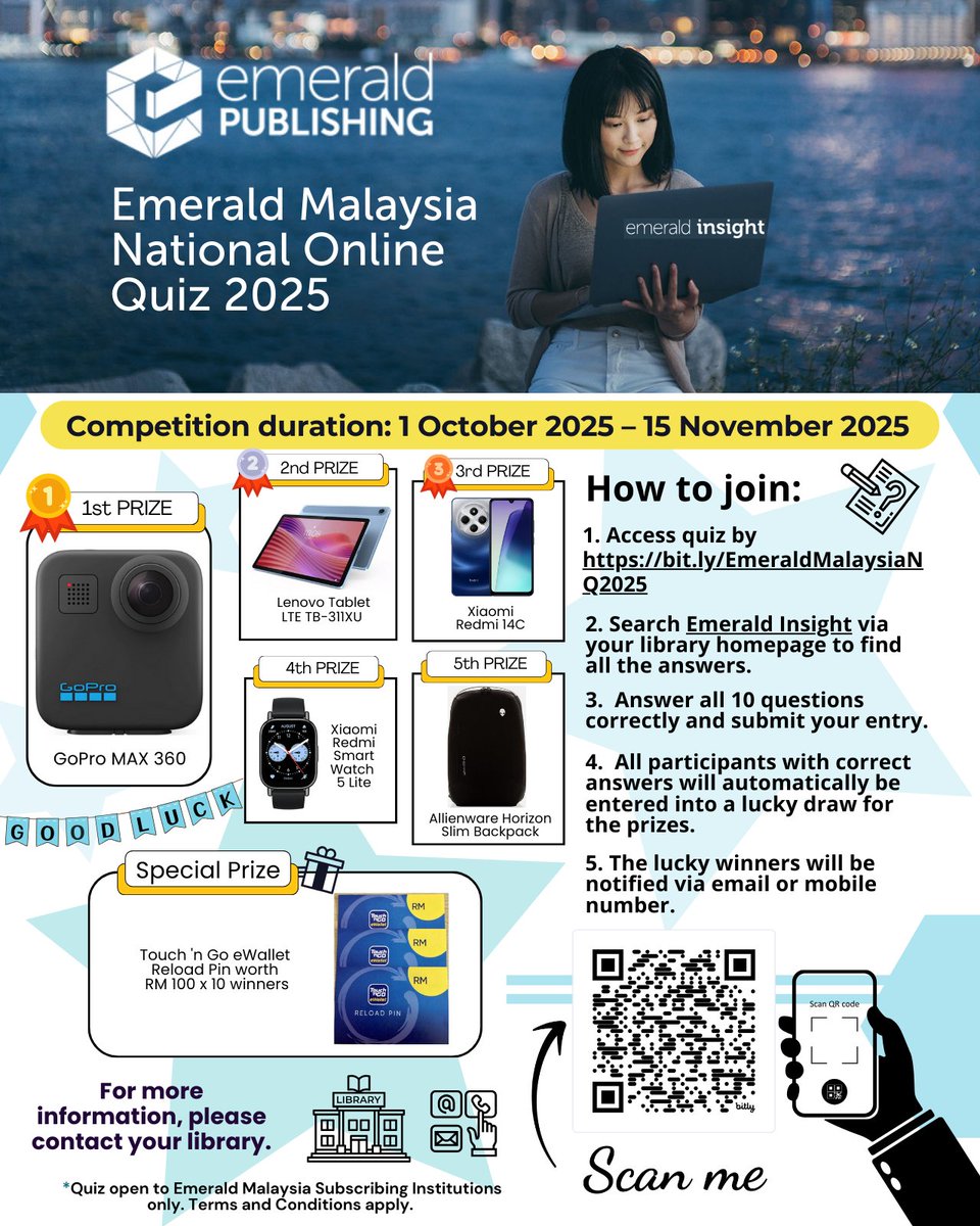 IRCUTP's tweet photo. 🚨 Join &amp; Win! 🚨

Take part in the Emerald Malaysia National Online Quiz 2025 and stand a chance to win cool prizes 

📅 From 1 October – 15 November 2025
🔗 Quiz link: https://t.co/RO4H8B2gJL
💡 Use Emerald Insight via your library homepage to find answers. https://t.co/f5oWk62MbV