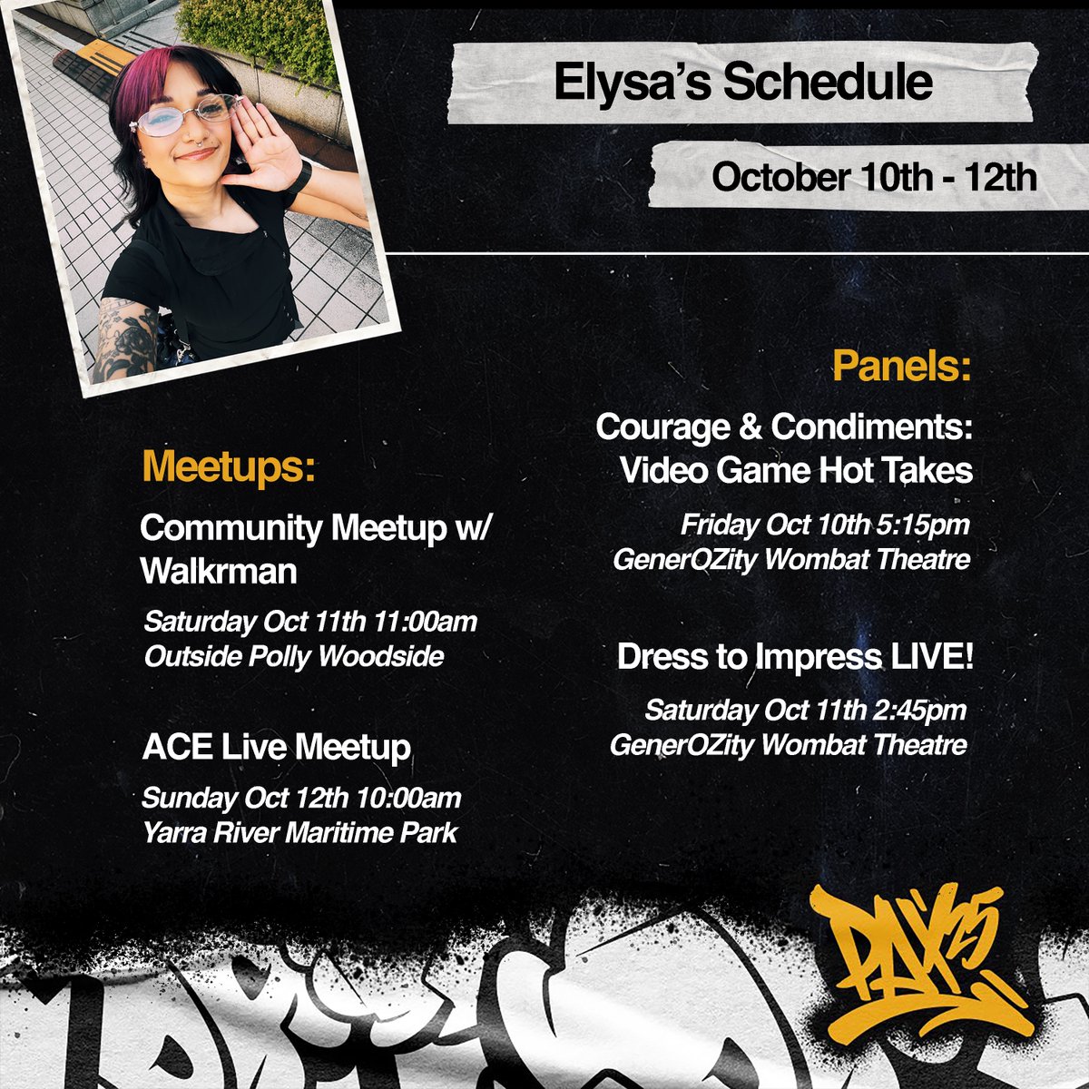 Back from TGS, <a href="/PAXAus/">PAX Australia</a> NEXT WEEK! Here's my schedule and where I'll be throughout the weekend! I'm soooo excited and can't wait to see everyone throughout! 🥹💛