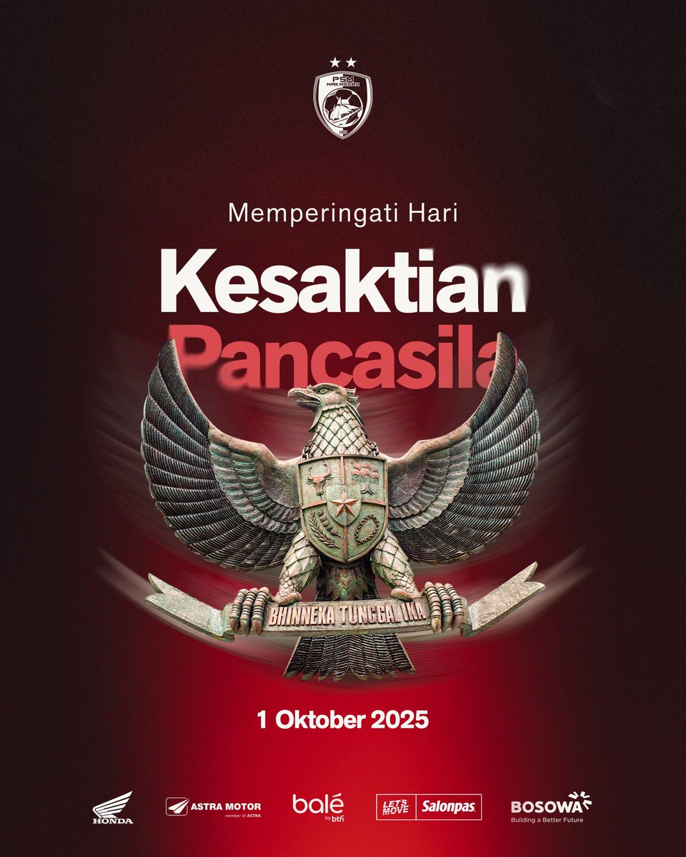 Di tengah arus perubahan, Pancasila tetap tegak berdiri sebagai penopang bangsa. Sakti selalu Pancasila!

#EwakoPSM #PSMMakassar #KesaktianPancasila