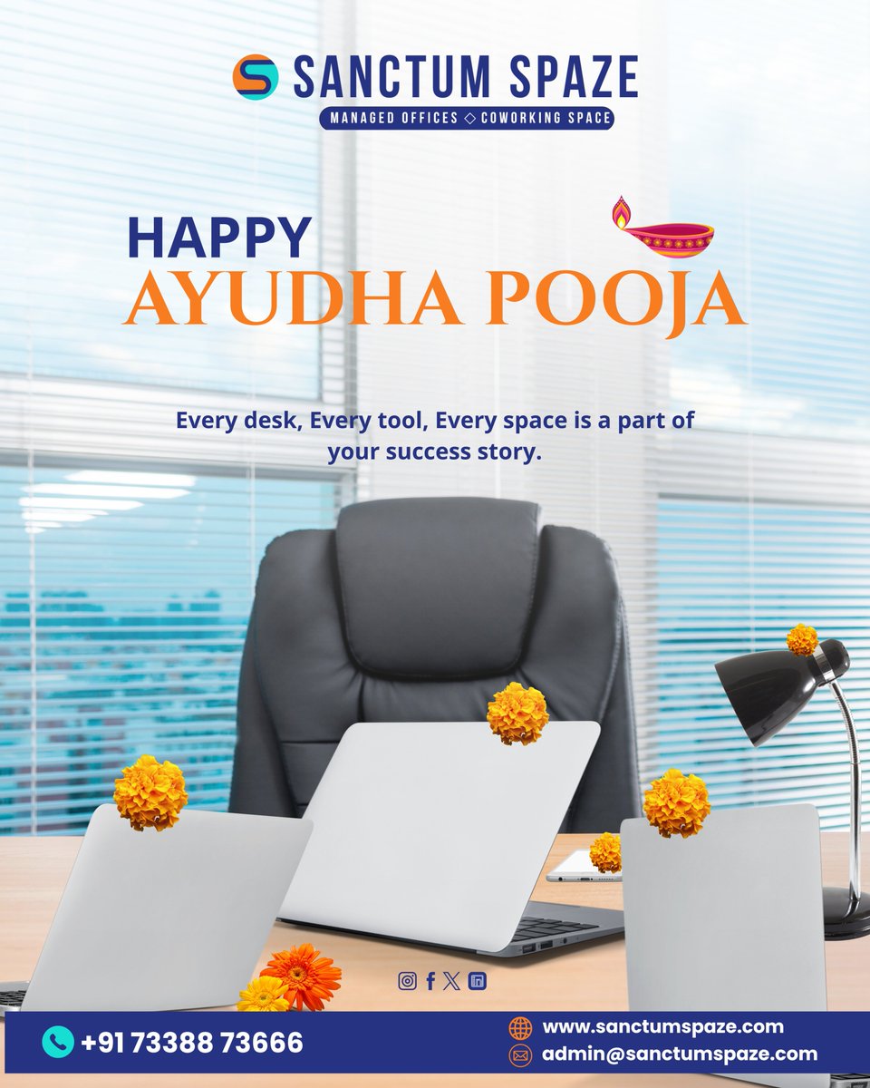 SanctumSpaze's tweet image. This Aayudha Pooja, we honor the tools and spaces that empower our growth and success. At Sanctum Spaze, every desk, every corner, is a step toward building dreams.
Your workspace, your growth.  
#AyudhaPooja  #FestiveVibes #WorkSmartGrowSmart #BlessingsOfWisdom #CoworkingSpace