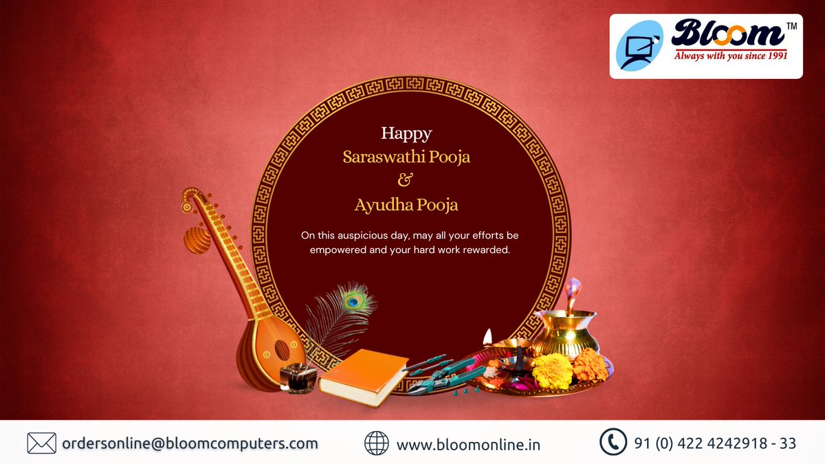 bloomcomputers's tweet image. ✨ Wishing you all a blessed Saraswathi Pooja &amp;amp; Ayudha Pooja!
May this auspicious day bring wisdom, prosperity, and success in all your endeavors. 🌸🙏
Let knowledge guide you and hard work reward you always. 💻⚡
#HappySaraswathiPooja #AyudhaPooja #BloomElectronics