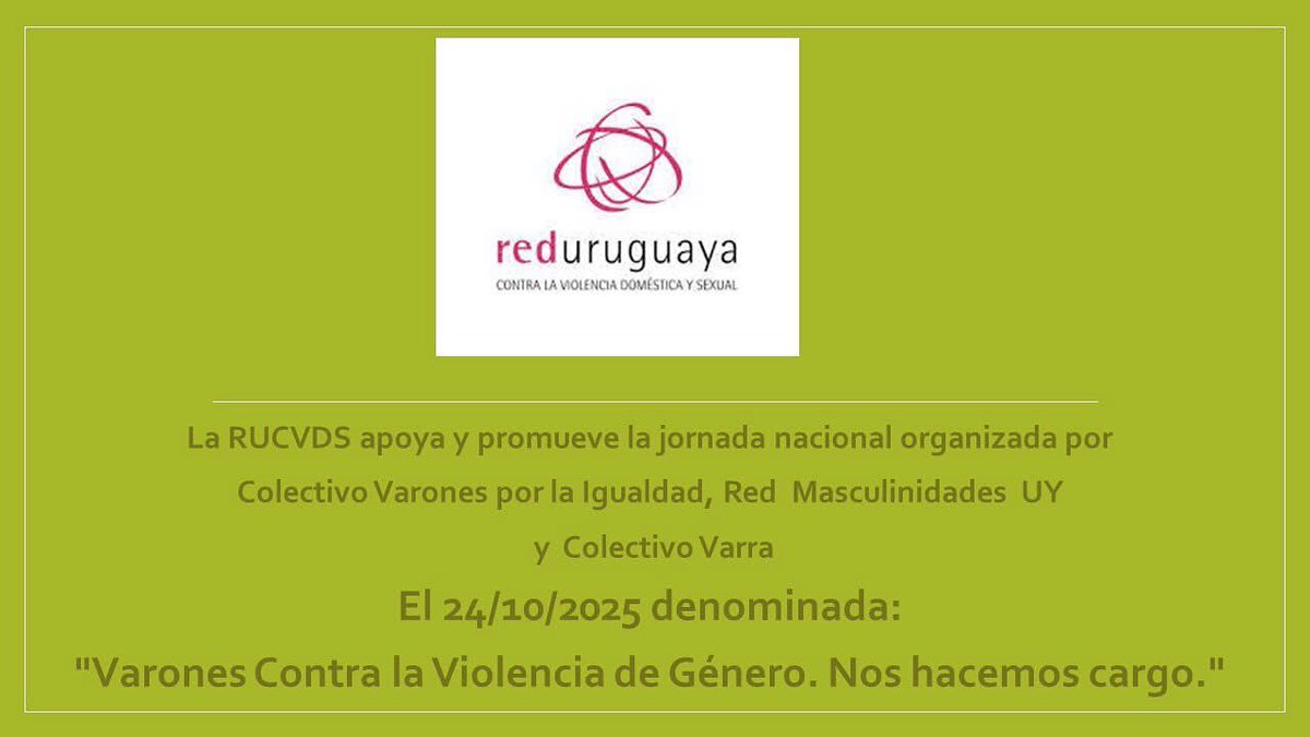 Desde la <a href="/redmasuy/">redmasuy</a> agradecemos el apoyo de la <a href="/rucvds/">RUCVDS</a>  para la 
iniciativa conjunta con compañeros de @varonesigualdad y @colectivovarra 
La violencia basada en género es responsabilidad de quienes la ejercen por acción u omisión.