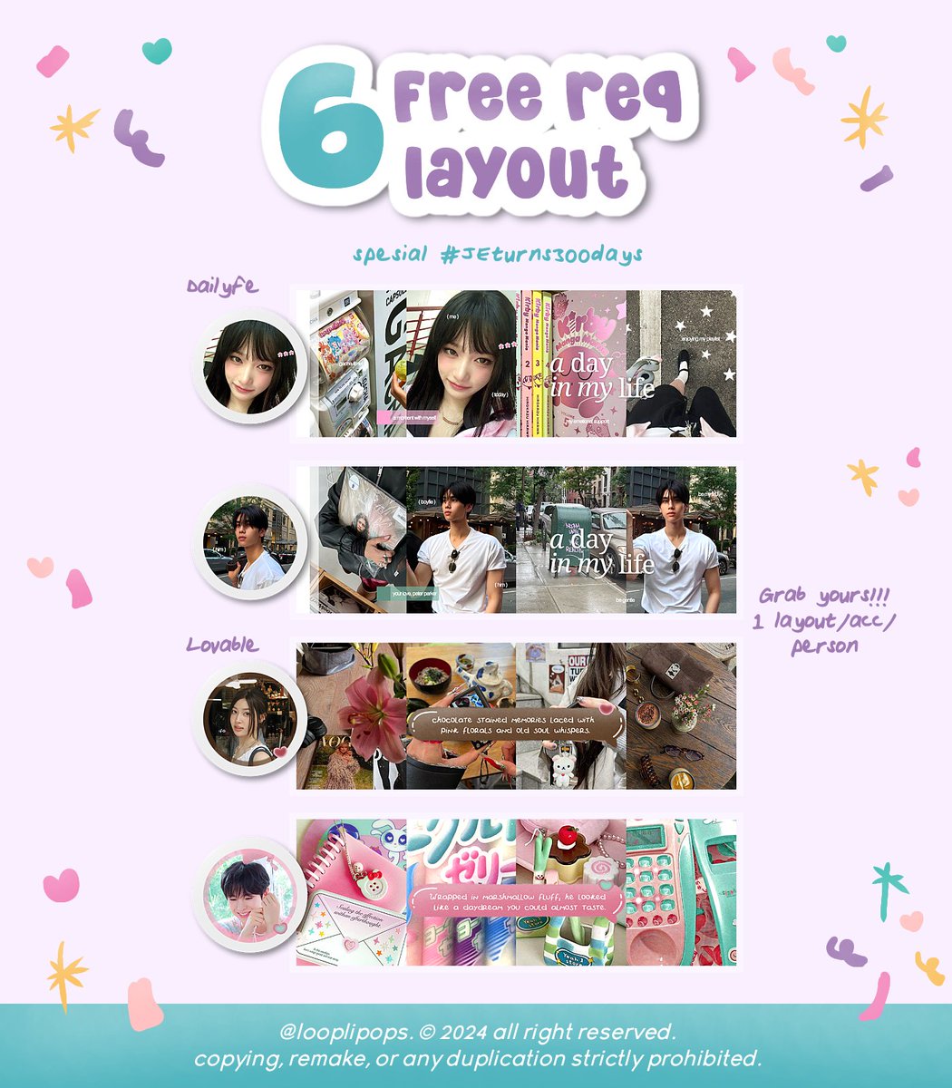 looplipops's tweet image. 💖 ... / help repost? thank you! 

dalam rangka 300 harinya ❤️ kak je @expctronouss dan kak ethan @porcupnne #JEturns300days 💞 ifa bawa 6 FREE SLOT LAYOUT REQ yg bisa diclaim war by dm!

⏰ : 19.30 WIB
💌 : @/looplipops 

scroll for more details! 💨 #zonauang