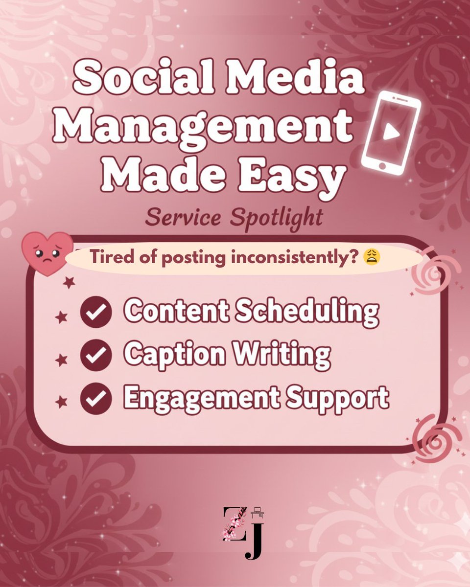 CasumpangZyra's tweet image. Social Media Management Made Easy 📲
Service Spotlight Tired of posting inconsistently? 😩 
I’ll take care of: 
✔️ Content Scheduling 
✔️ Caption Writing 
✔️ Engagement Support 
#socialmedia
#ContentSupport
#virtualassistant 
#FriendlyDeskSolutions
#ZJsFriendlyDesk
