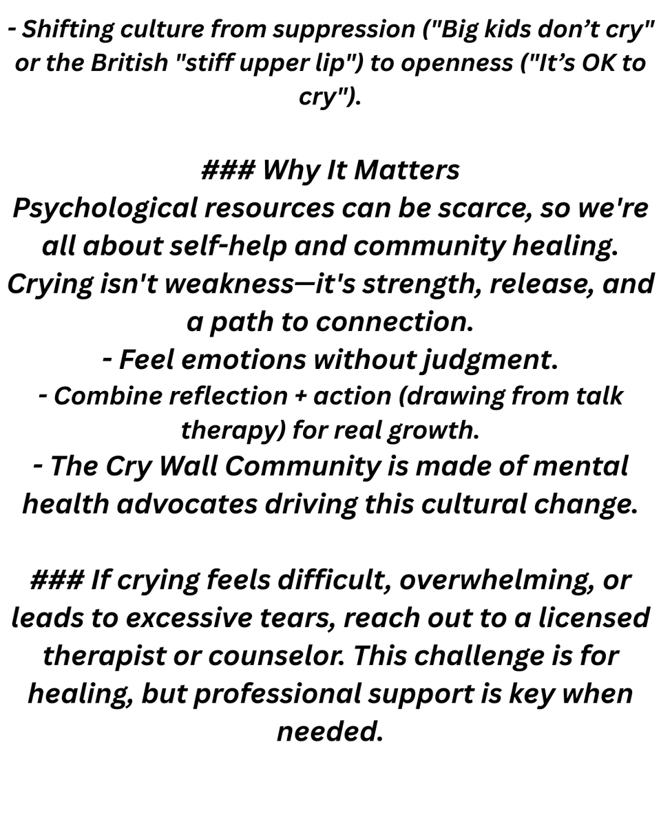 CryWallCommunit's tweet image. #CryWallChallenge – Join the emotional healing Movement! 💧🌍

Ready to embrace your emotions and build a more vulnerable world? This challenge encourages crying as a powerful tool for release, connection, and self-help. No pressure—just authentic expression.

### How to…