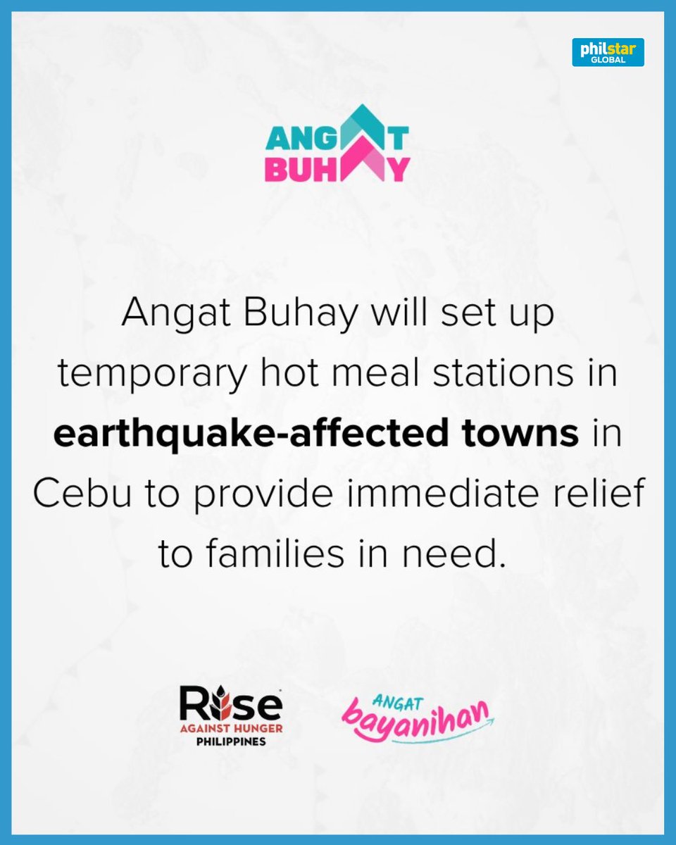 HOT MEALS FOR CEBU QUAKE VICTIMS

The Angat Buhay Foundation and Rise Against Hunger Philippines will set up temporary hot meal stations in quake-hit towns in Cebu to provide immediate relief to families in need.

📷 Angat Buhay via Facebook
