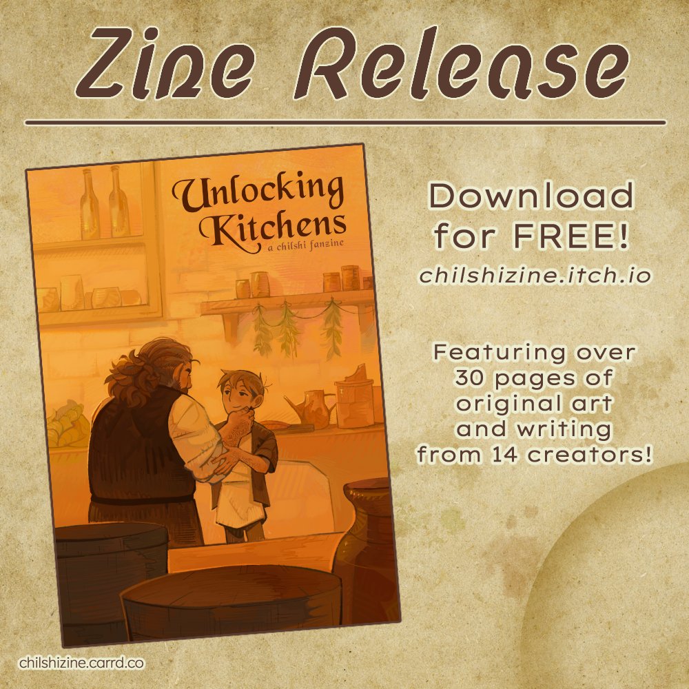 chilshi_zine's tweet photo. WE'VE MADE IT!! UNLOCKING KITCHENS a #ChilShi zine is now FREE TO DOWNLOAD!! 

So come and eat your fill of our favorite Half-foot locksmith and dwarf chef. We'll keep the fire warm for you! 

🍳 https://t.co/acsr2hIPcf 🔓 https://t.co/tI1uieds5X