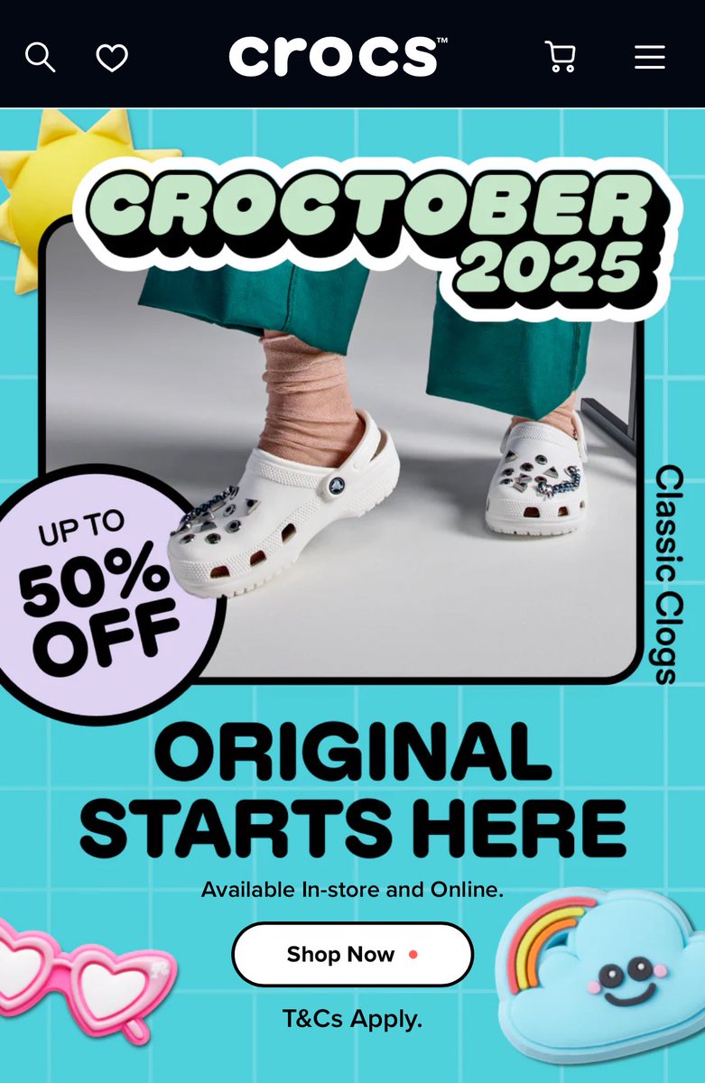ITS CROCTOBER!!

1. Get 2 pairs of selected Crocs flips or slides for only R400 in total (Offer valid only on selected Crocs flips and slides. Price of R400 applies to both pairs combined.)

USE MY PROMO CODE FOR FREE DELIVERY: CROCBDAY418