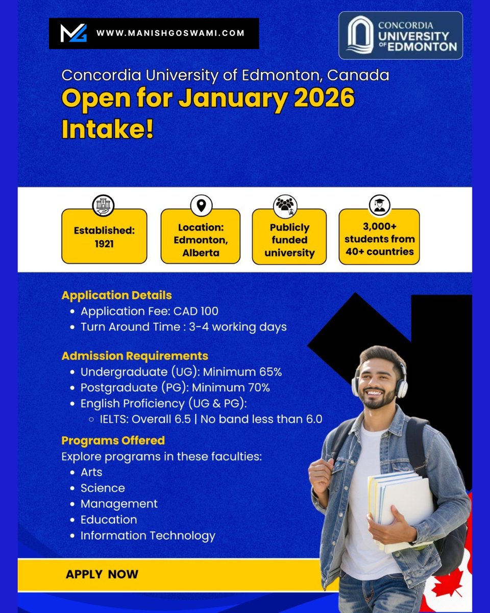 🍁 Concordia University of Edmonton, Canada – January 2026 Intake OPEN! 🍁
📍 Location: Edmonton, Alberta | Publicly Funded University

✨ Why Choose Concordia University of Edmonton?
✅ Established in 1921 – 100+ years of academic excellence
✅ 3,000+ students from 40+ countries