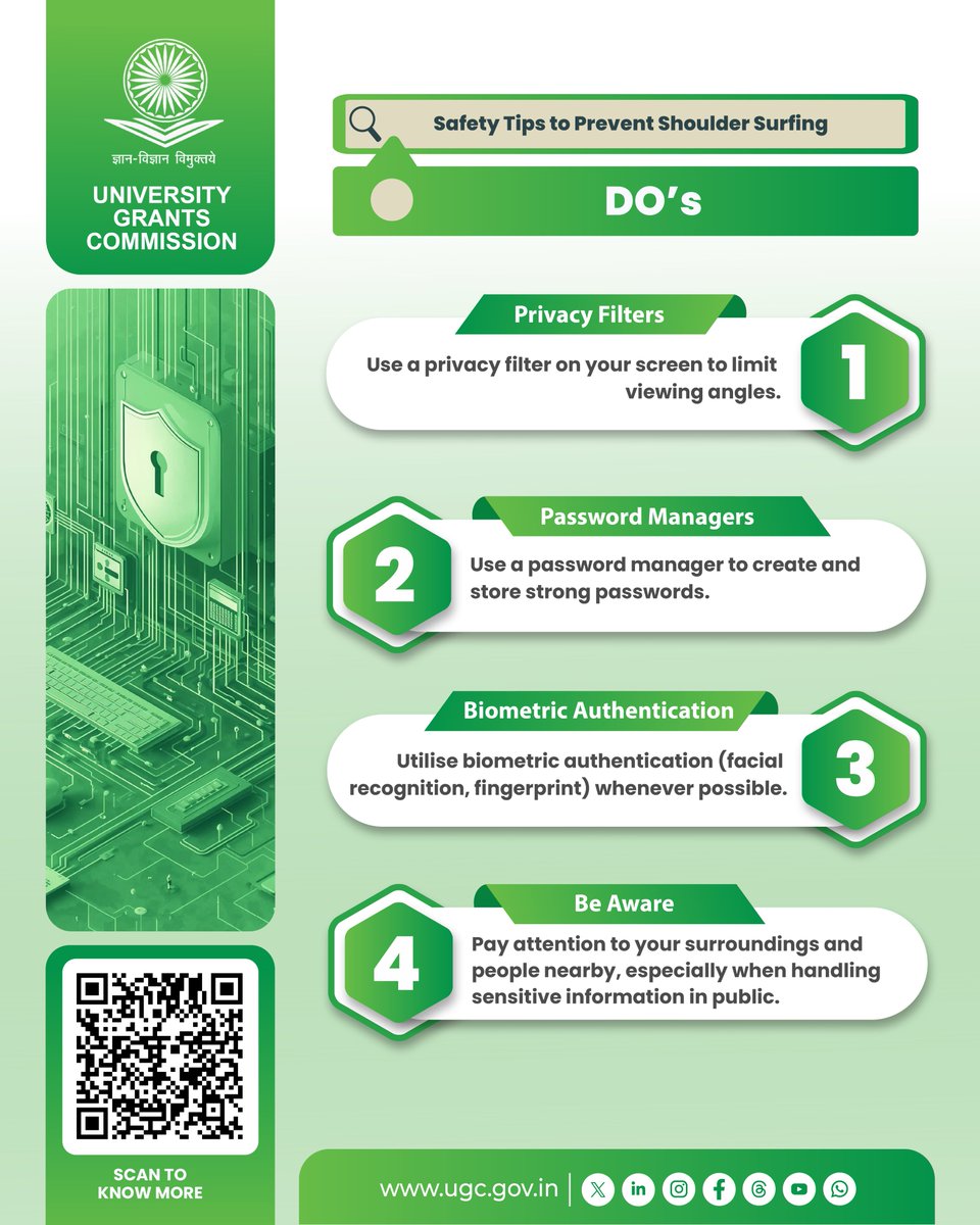 ugc_india's tweet image. Stay Cyber Safe! 🖥️
 
Learn the essential ✅Do&apos;s and ❌Don&apos;ts to prevent shoulder surfing and protect your sensitive information in public spaces. 🌐
 
 📖Read the UGC Handbook on Cyber Hygiene for HEIs to ensure a secure digital environment: ugc.gov.in/pdfnews/458060…

#CyberSmart…