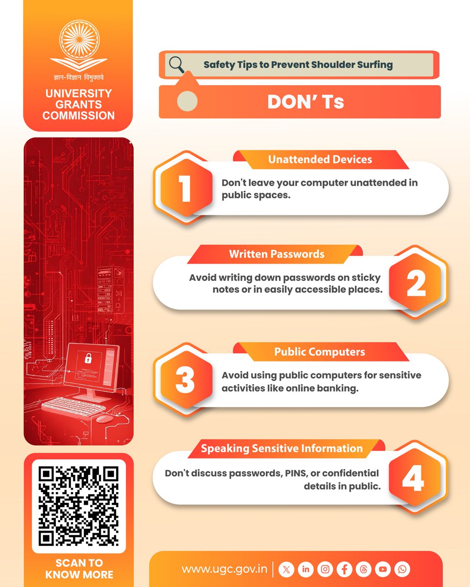 ugc_india's tweet image. Stay Cyber Safe! 🖥️
 
Learn the essential ✅Do&apos;s and ❌Don&apos;ts to prevent shoulder surfing and protect your sensitive information in public spaces. 🌐
 
 📖Read the UGC Handbook on Cyber Hygiene for HEIs to ensure a secure digital environment: ugc.gov.in/pdfnews/458060…

#CyberSmart…