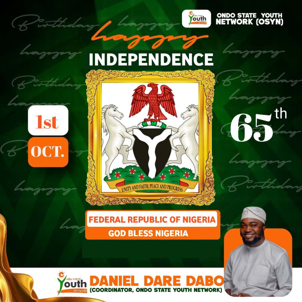 OSYNetwork's tweet image. Happy 65th Independence Day, Nigeria! 🇳🇬 From the Ondo State Youth Network, we celebrate our unity, culture &amp;amp; the strength of our youth. Let’s rise, lead &amp;amp; build the Nigeria we deserve. Long live Ondo State. Long live Nigeria. #NigeriaAt65 #OSYN @youngdaboo @Cb_Olusa @BTOofficial