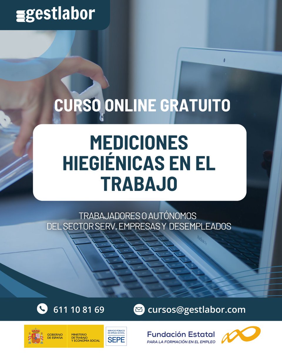 gestlabor's tweet photo. Aprende a realizar mediciones higiénicas en el trabajo para identificar, evaluar y controlar posibles riesgos que afecten al bienestar de los trabajadores.

📚 Curso dirigido a trabajadores, autónomos y personas desempleadas

cursos@gestlabor.com | 611 10 81 69

#gestlabor https://t.co/Y9lvzrL0yD