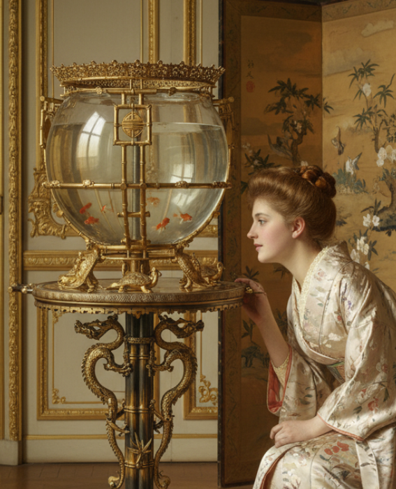 CafeNowhere2025's tweet photo. What if you could bring a museum piece to life?
Input: A real c. 1880 Barbedienne aquarium. Prompt: A cinematic photo of a woman in a kimono in a Parisian 'Japonisme' room, lit like a 19th-century painting. This was the result.#AIArt #nanobanana  #PromptEngineering  #ArtHistory https://t.co/ahQu0lf19A