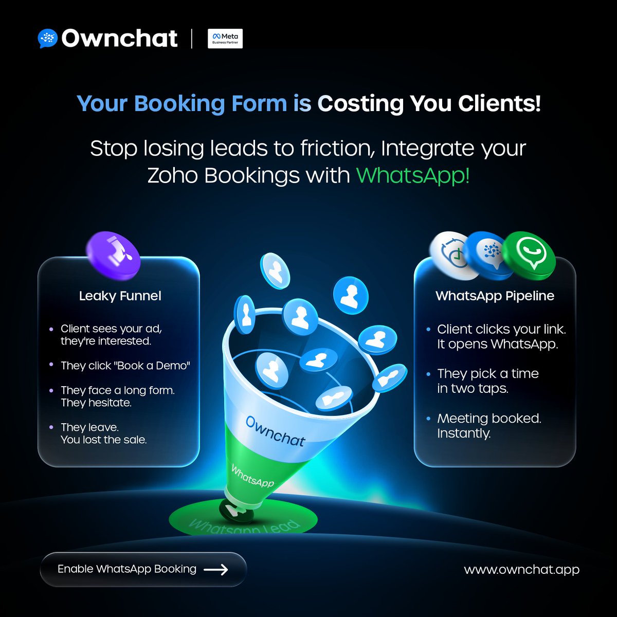 Ownchatofficial's tweet photo. π Simplify bookings with OwnChat + Zoho Bookings!
β
Instant confirmations
β
Automated reminders
β
Zero friction
Turn forms into 2-tap WhatsApp scheduling.
Start your free trial today:
https://t.co/Ng8vhjVLJZ
#WhatsAppIntegration #ZohoBookings #ownchat https://t.co/xVSMQZFZ1g