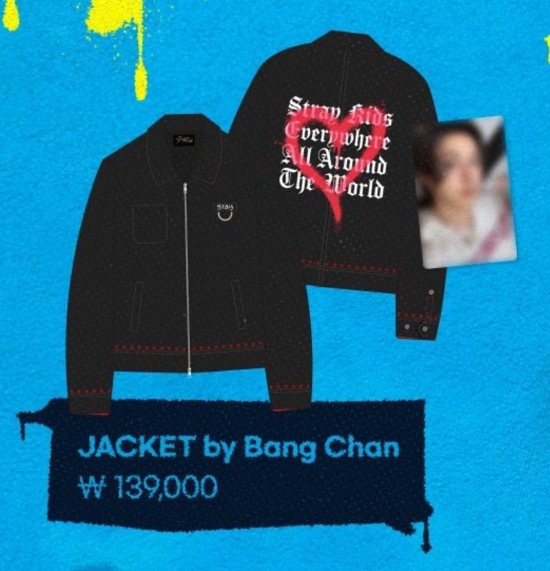 the jacket made by Bang Chan has 'stray kids everywhere all around