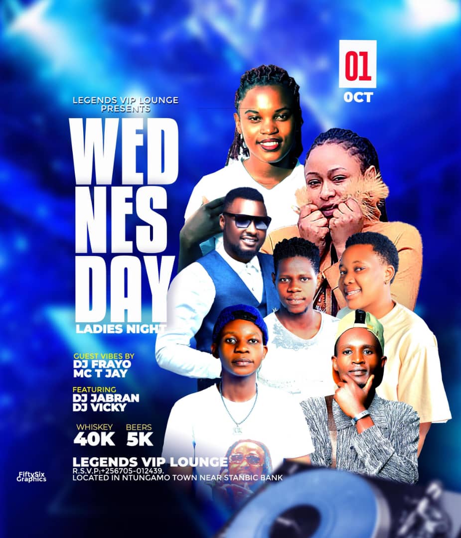 🎤🎶 **“Yo yo yo! Ntungamo, what’s good?! It’s goin’ down this WEDNESDAY at LEGENDS VIP LOUNGE – LADIES NIGHT, baby! 💃🏽✨ Pull up and vibe out with the hottest sounds, ‘cause we got DJ FRAYO and MC T JAY holdin’ it down 🔥 Plus DJ JABRAN and DJ VICKY spinnin’ them.