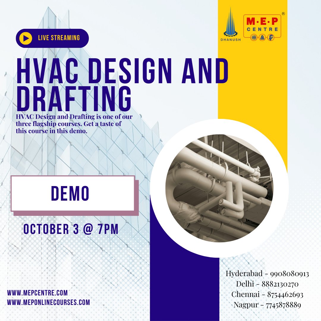 MEPCentrepage's tweet image. Unlock a career in engineering! Get a free taste of our flagship HVAC Design and Drafting course with a live demo. Don&apos;t miss this opportunity! October 3rd @ 7 PM. Register now! 

#HVACDesign #MEPCENTRE #LiveDemo #EngineeringCourse #Drafting #HVAC