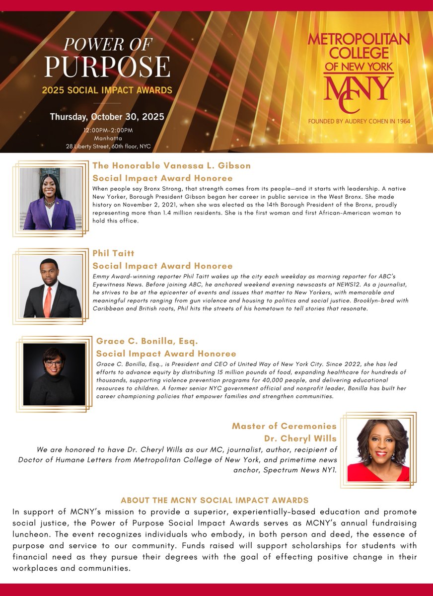 Join us Oct 30, 2025, for the Power of Purpose Awards! Honorees: @VanessaLGibson, @PhilTaitt, @GraceCBonilla. Support the 'Together…We Rise Scholarship': mcny.edu/power-of-purpo… #PowerOfPurpose #SocialImpact #TogetherWeRise #MCNYForward